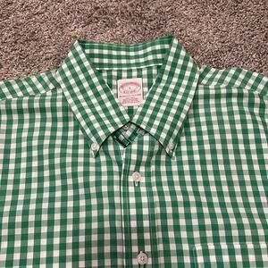 EUC Brooks‎ Brothers Short Sleeve Button Down Shirt White Green LARGE L Non-Iron